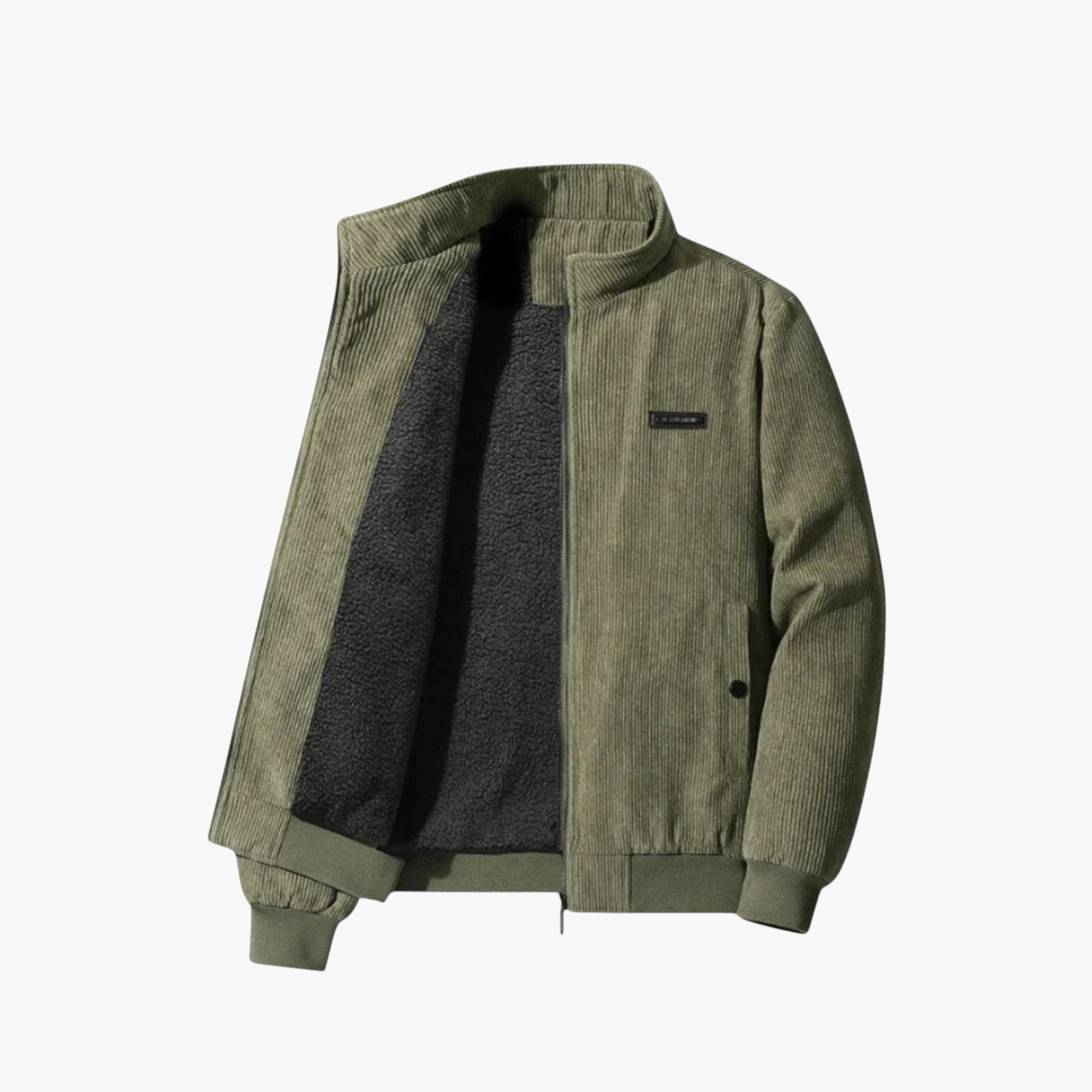 Green jacket with black interior on a white background