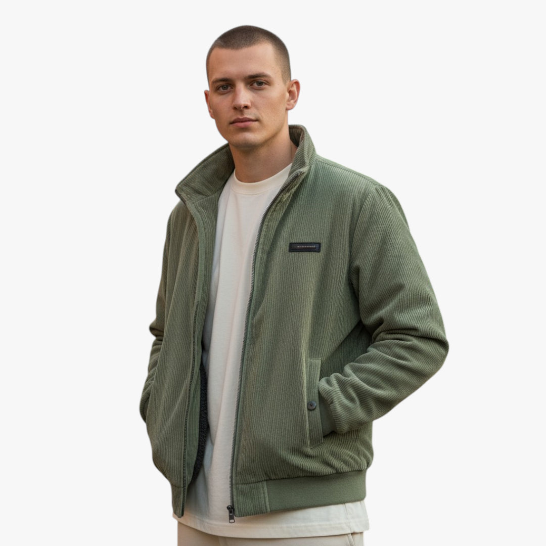 Man wearing a green jacket on a white background