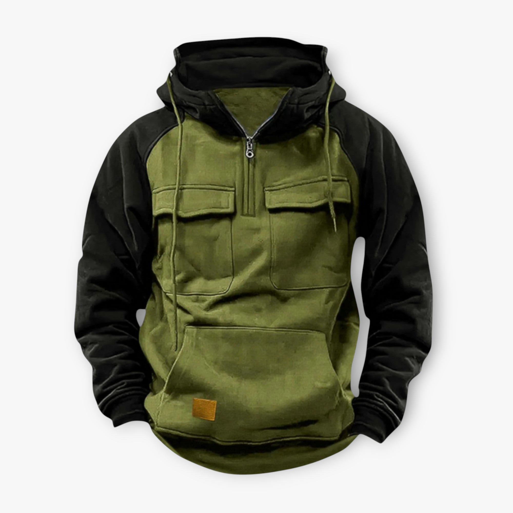 Green and black hoodie with a zipper on a white background