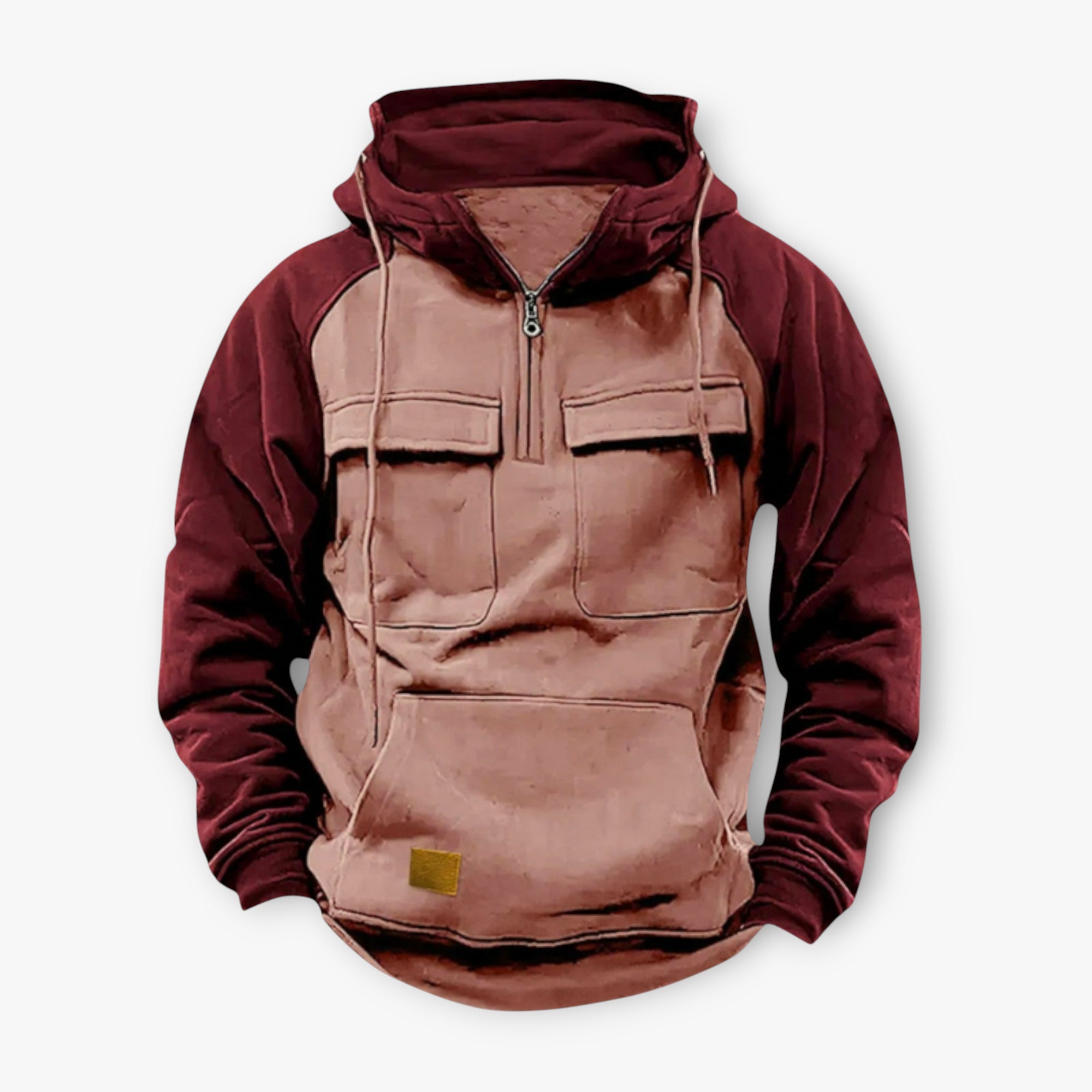 Hoodie with maroon and brown color scheme on a white background