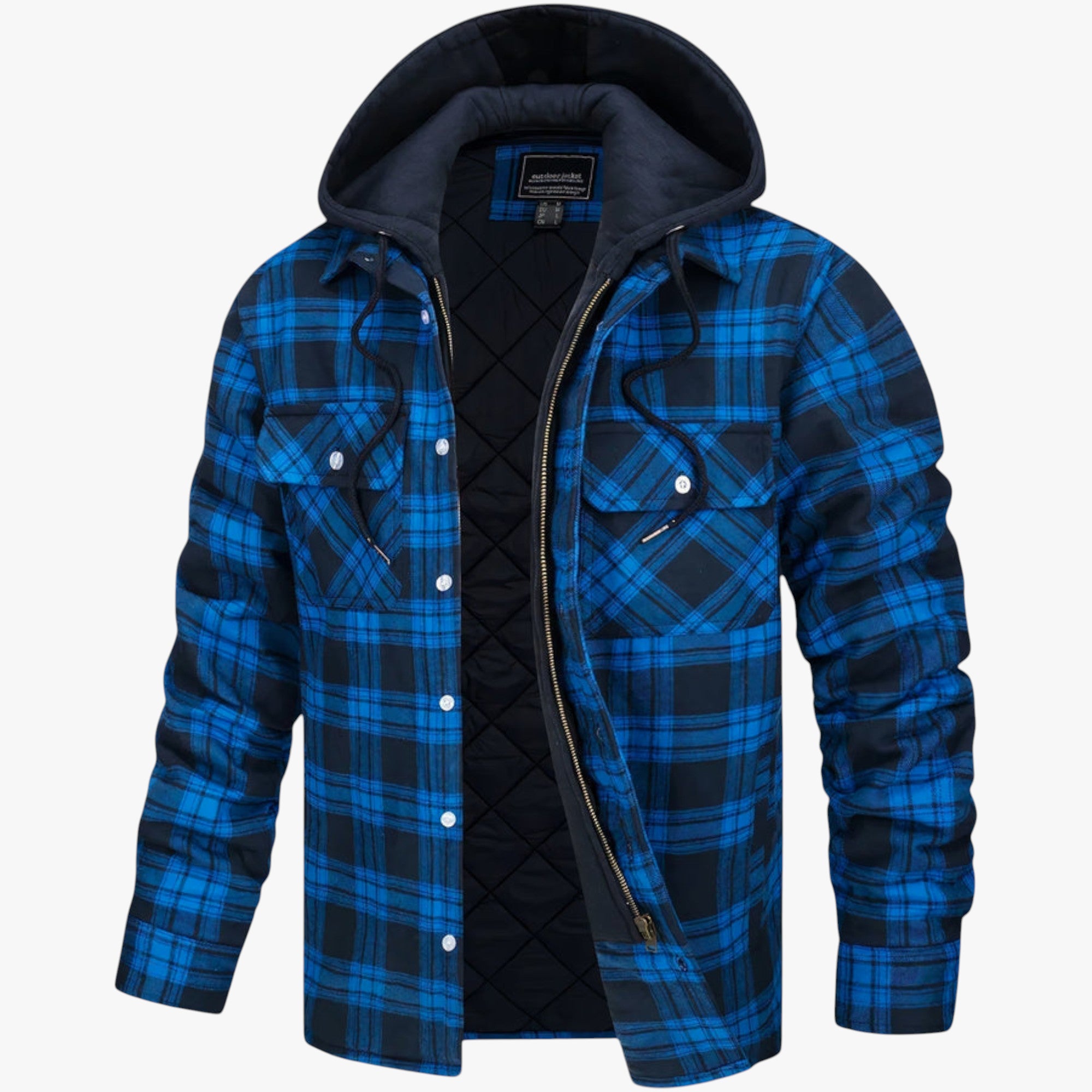 Blue and black plaid jacket with a hood on a white background