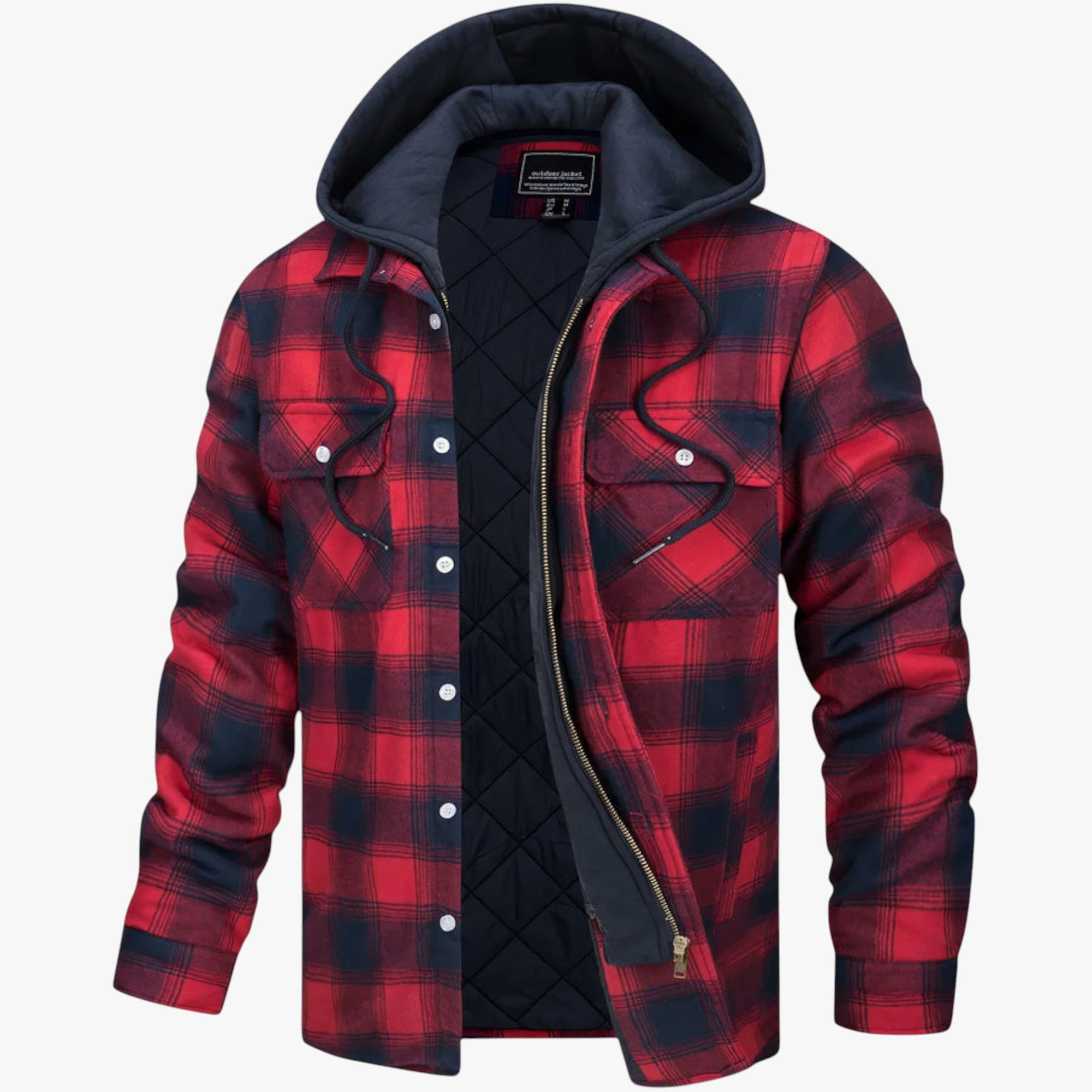 Red and black plaid jacket with a hood on a white background
