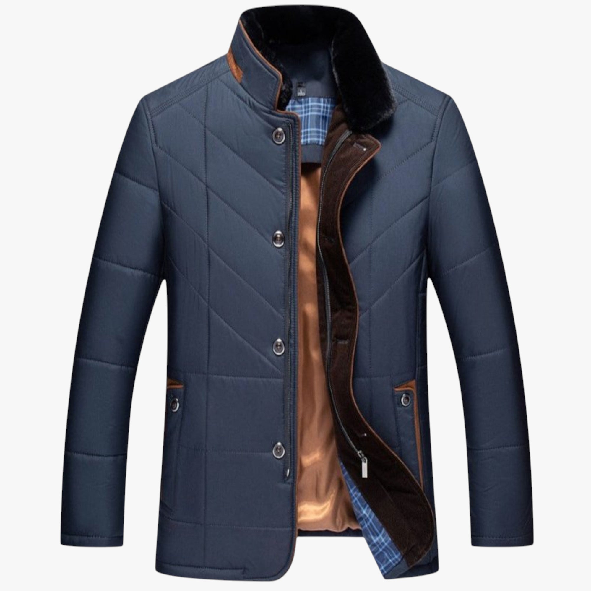 Blue quilted jacket with brown interior lining on a white background