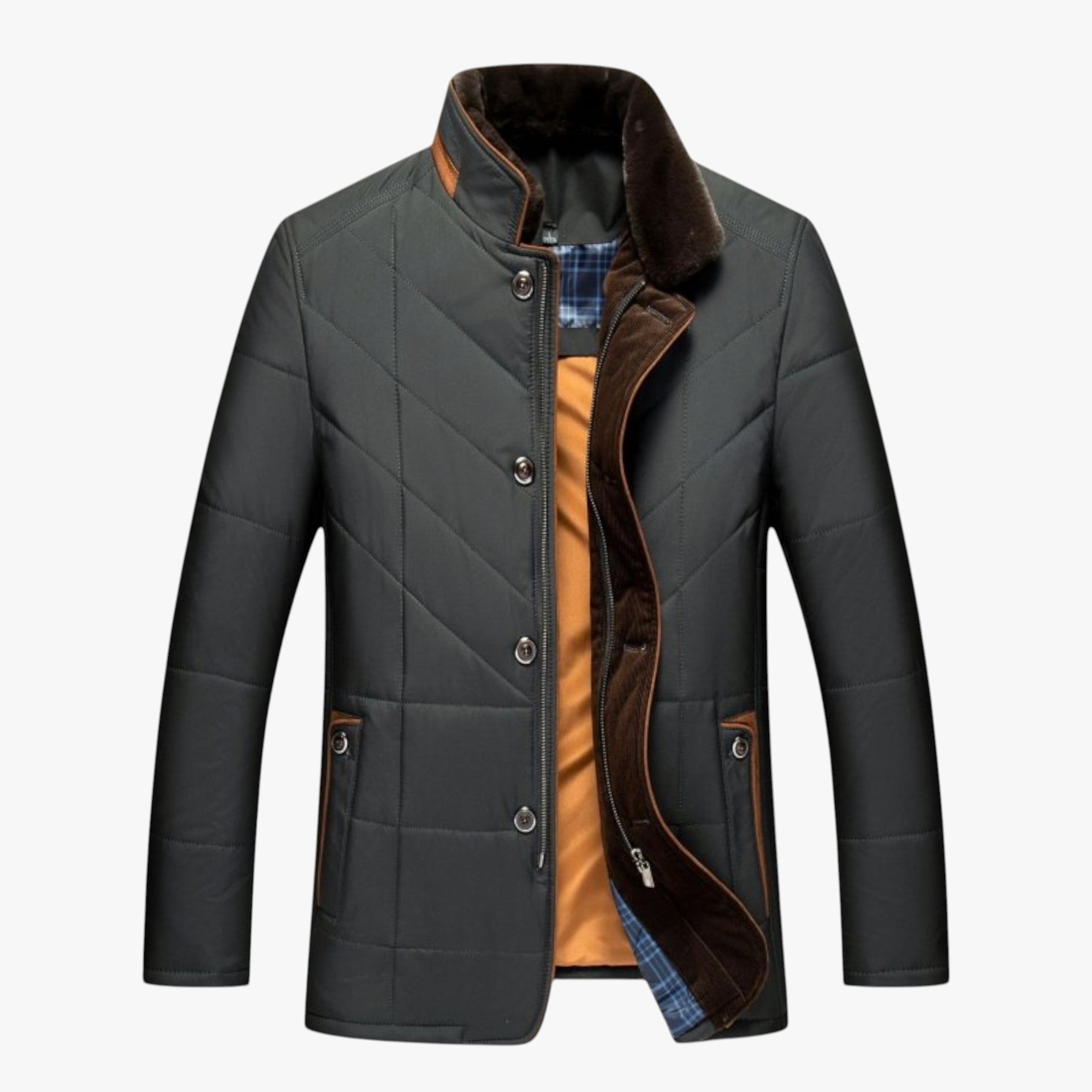Gray quilted jacket with brown collar and trim on a white background