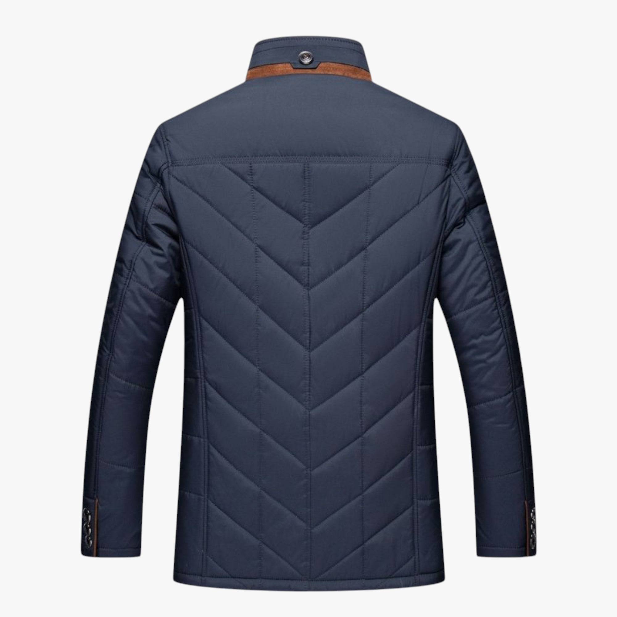 Navy blue quilted jacket with brown accents on a white background