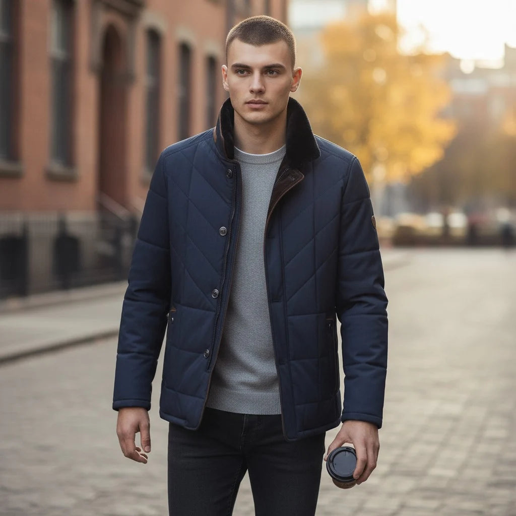 Man wearing a blue quilted jacket walking on a street.