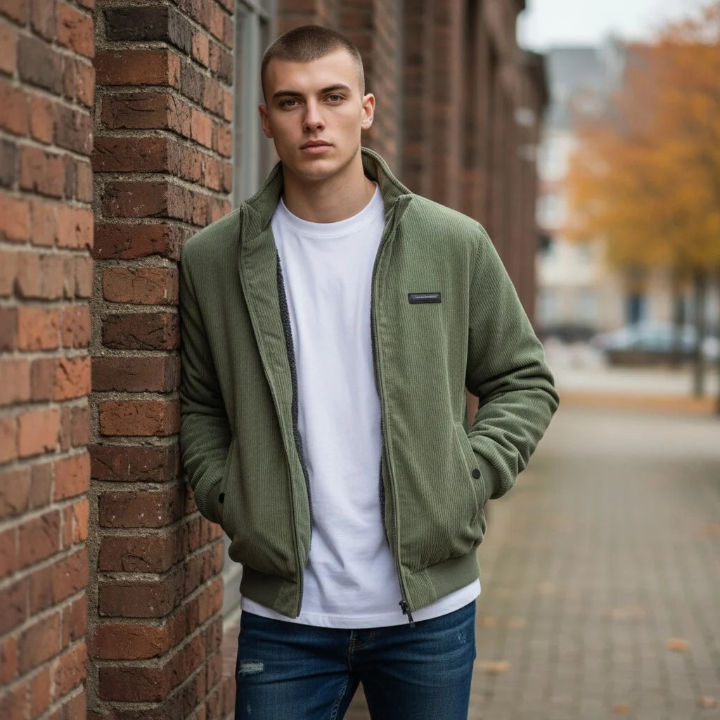 Man wearing a green jacket and white shirt leaning against a brick wall.