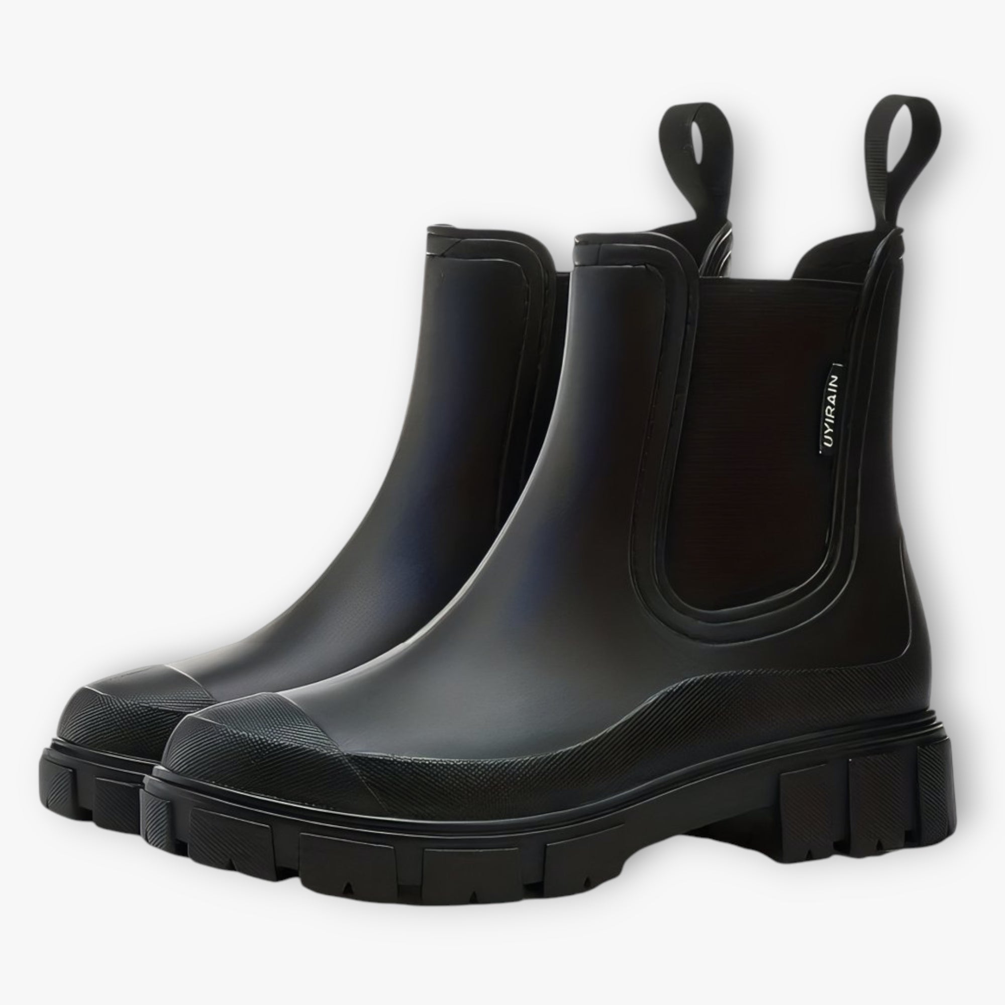 Black rain boots with brand name on a white background