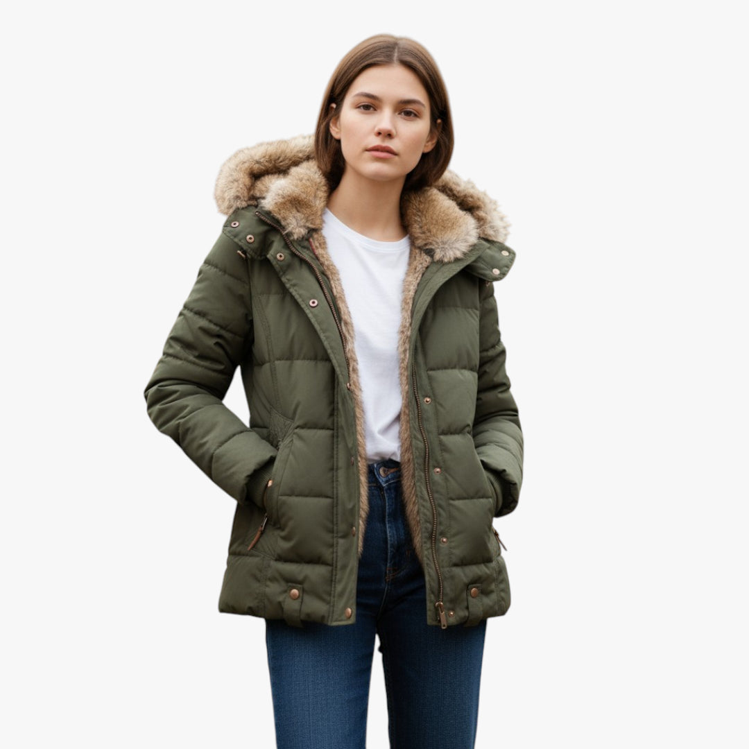 Woman wearing a green puffer jacket with fur hood on a white background