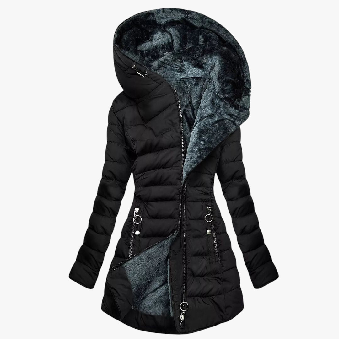 Women's Hooded Puffer Jacket with Zip Closure and Adjustable Waist