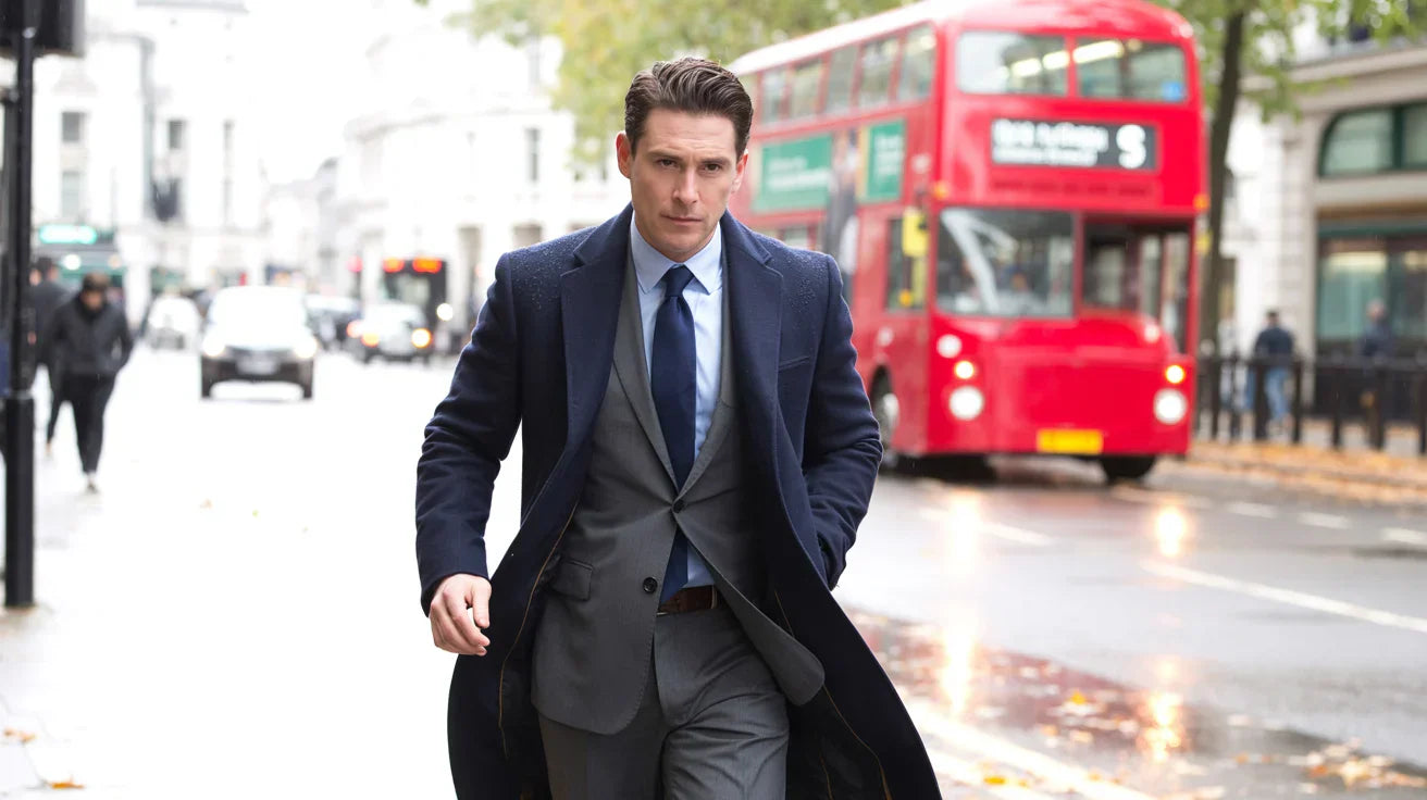 Man in a navy business coat walking along a London street on a cold autumn morning, showcasing modern professional menswear style.