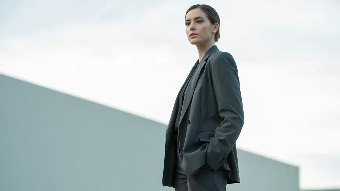 Confident woman in a tailored charcoal blazer standing inside a modern glass building, representing refined feminine business fashion.