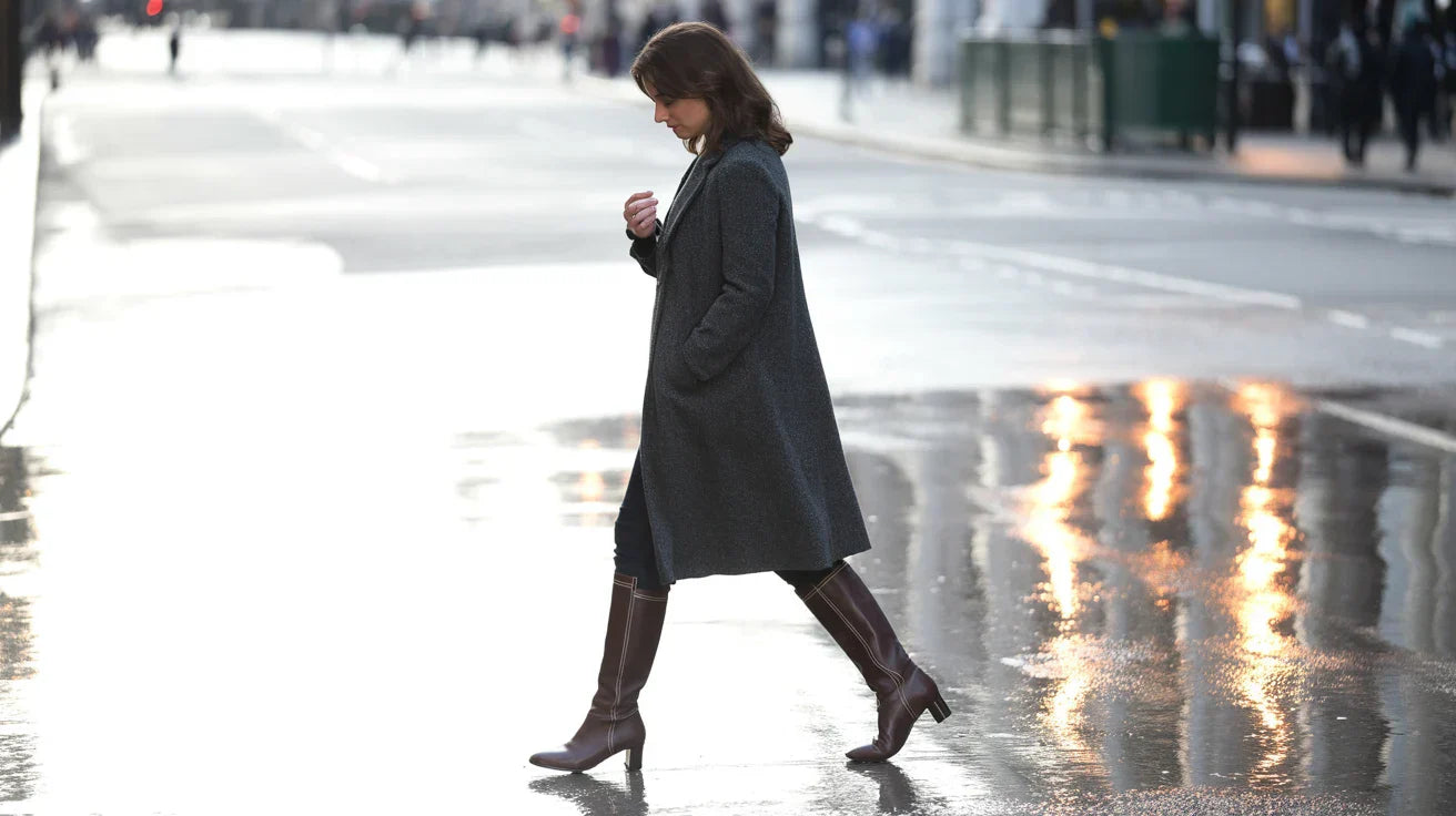 Woman walking on a rainy London street wearing brown knee-high leather boots and a dark coat, reflecting the essence of British autumn street style.