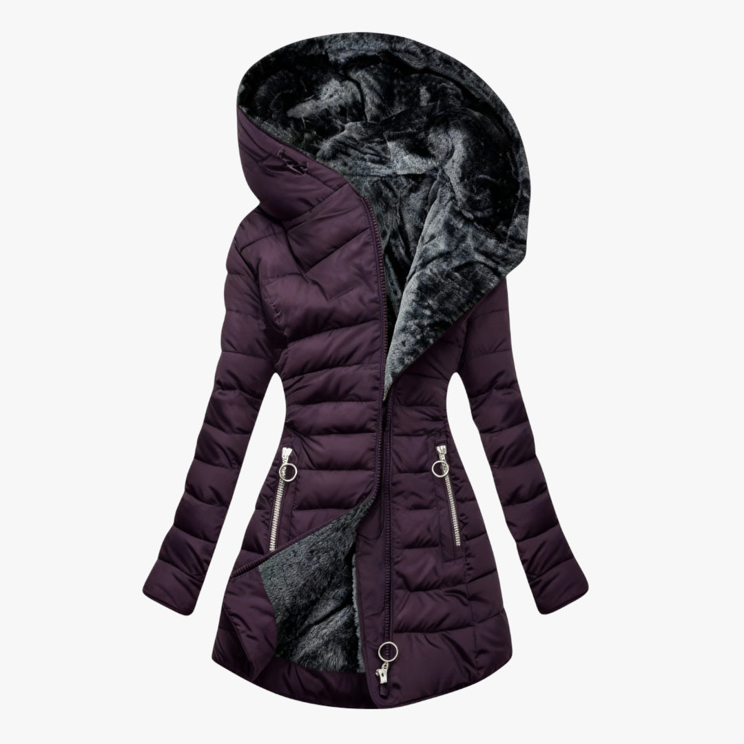 Women's Hooded Puffer Jacket with Zip Closure and Adjustable Waist