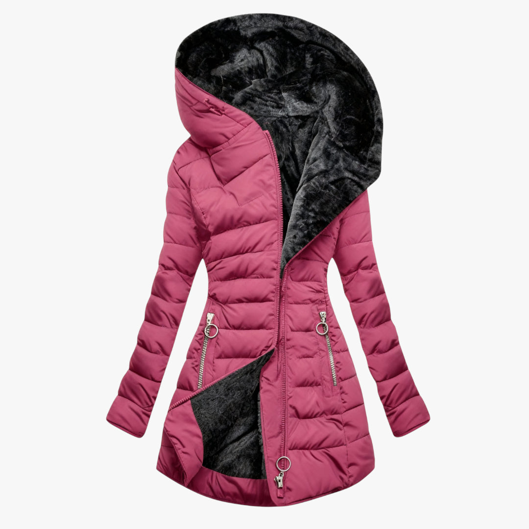Women's Hooded Puffer Jacket with Zip Closure and Adjustable Waist