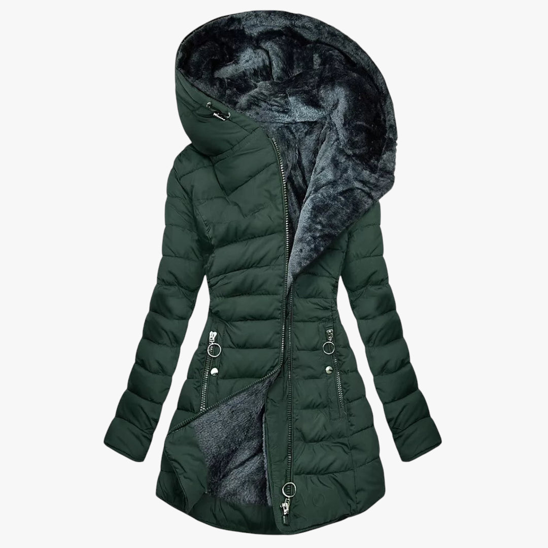 Women's Hooded Puffer Jacket with Zip Closure and Adjustable Waist