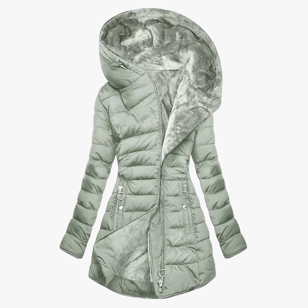 Women's Hooded Puffer Jacket with Zip Closure and Adjustable Waist