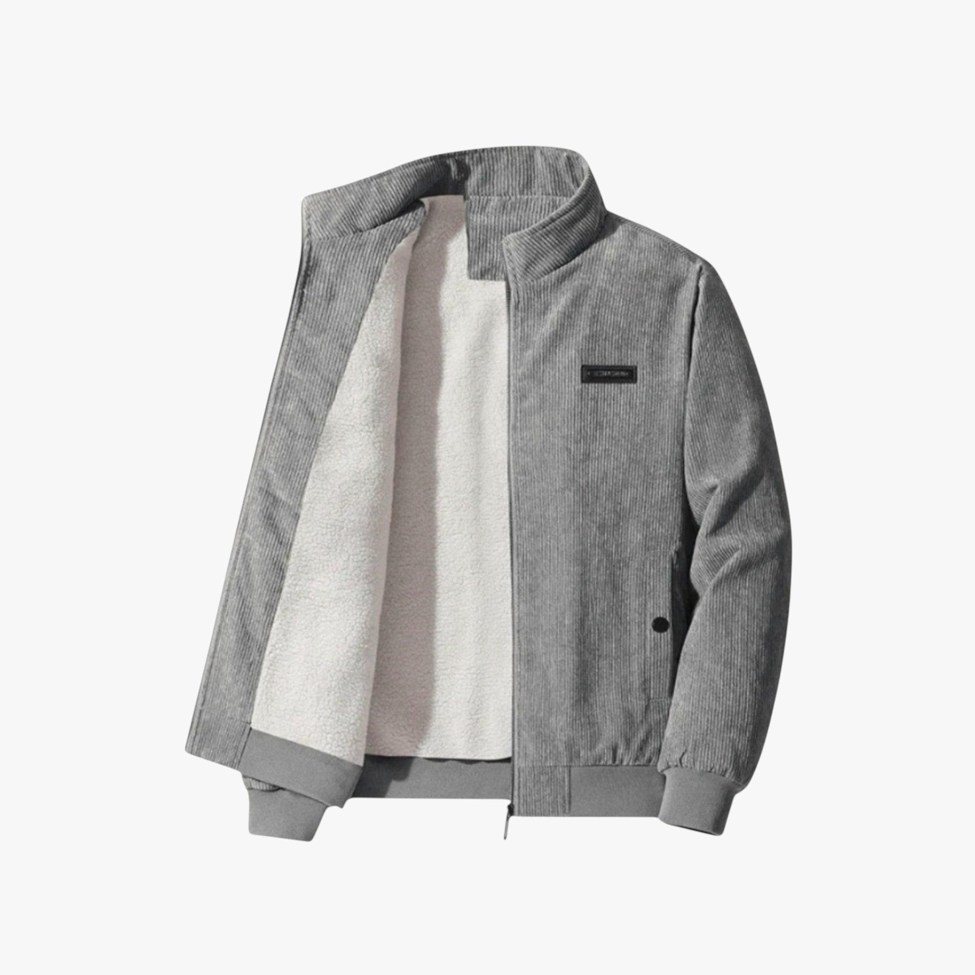 Gray jacket with a white shirt underneath on a white background