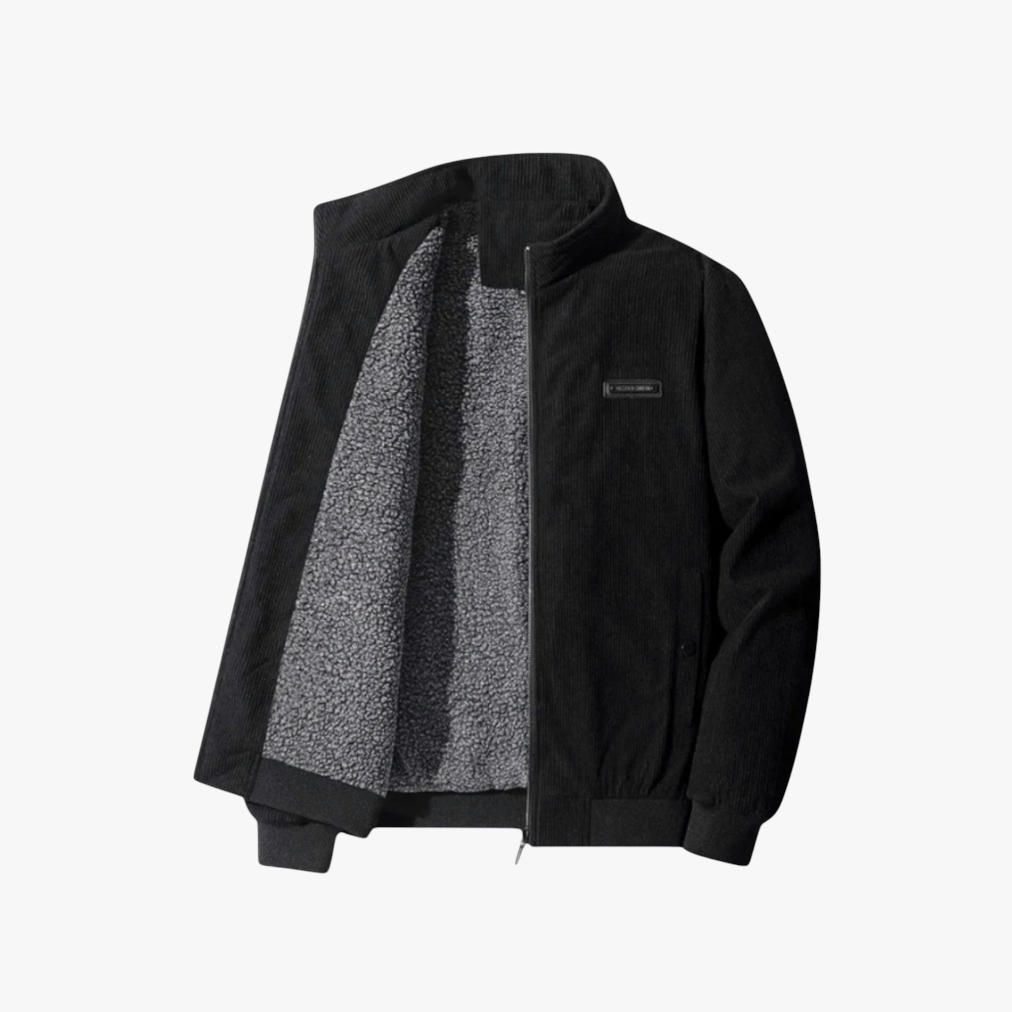 Black jacket with a patterned inner lining on a white background