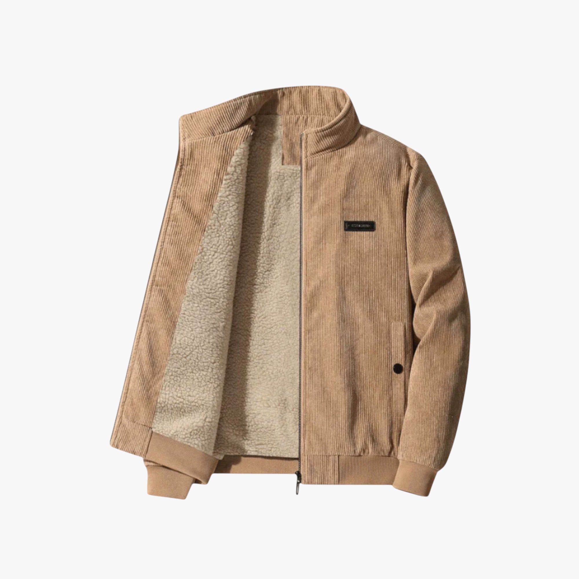 Beige corduroy jacket with a textured lining on a white background