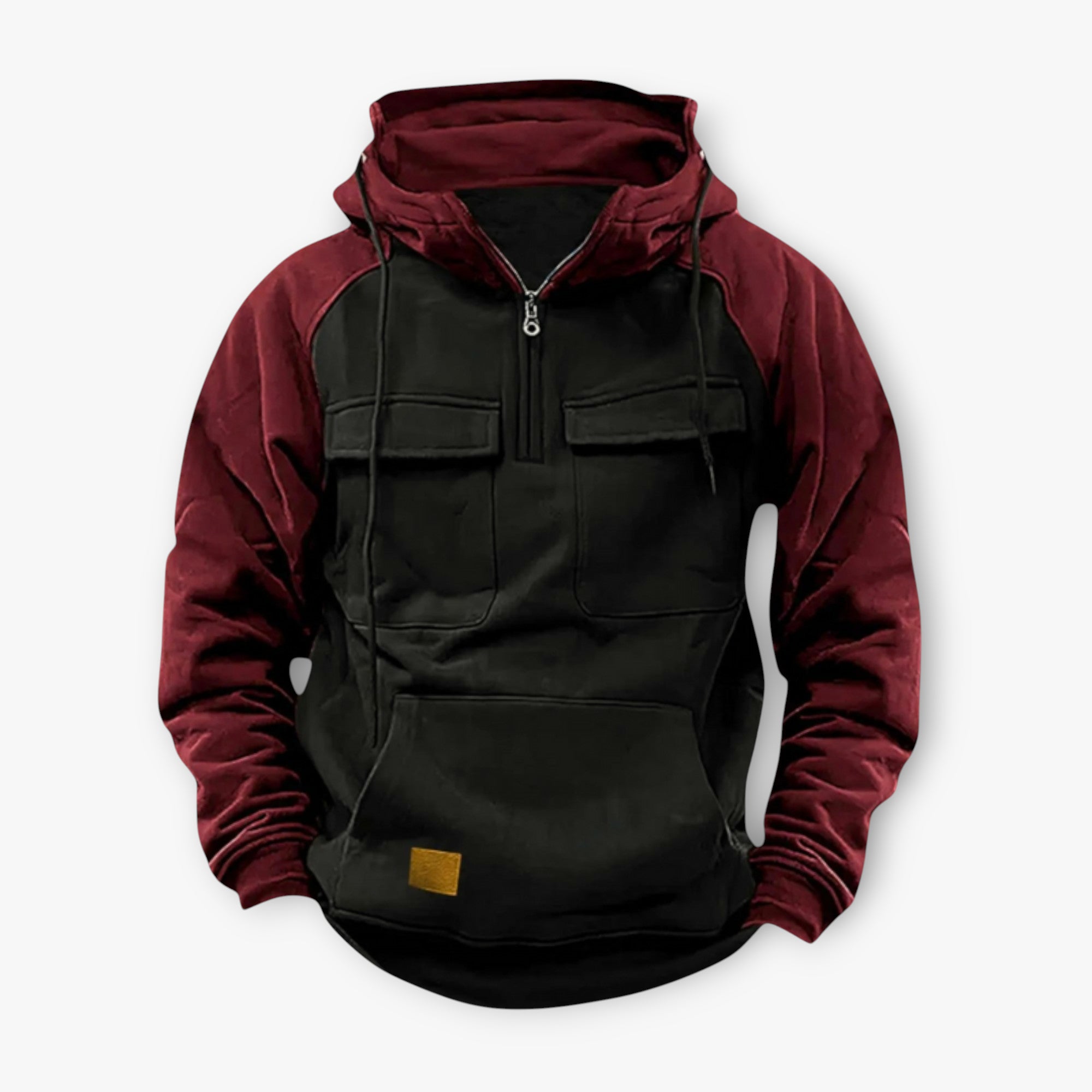 Two-tone maroon and black hoodie with a zipper on a white background