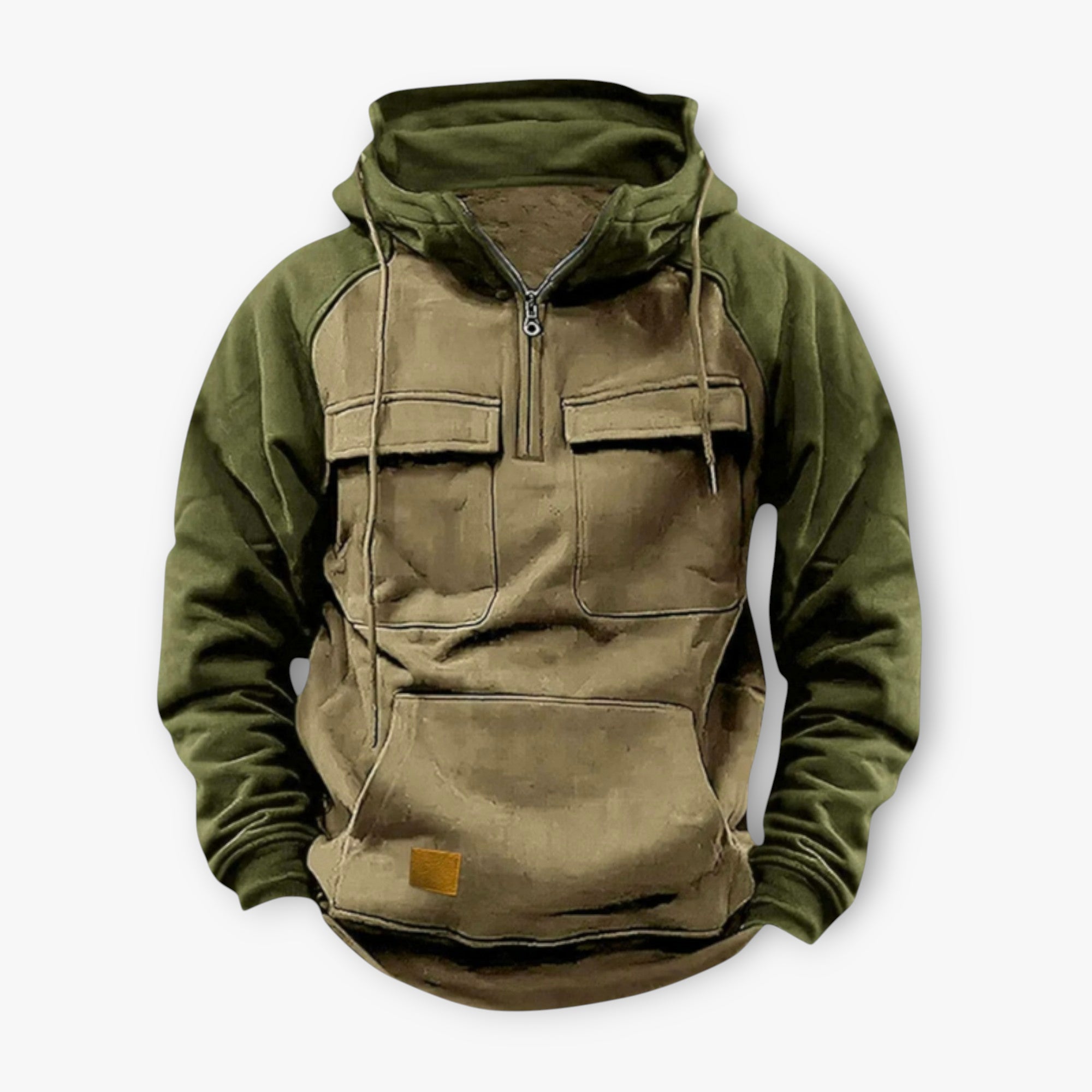 Green and brown hoodie with front pockets on a white background