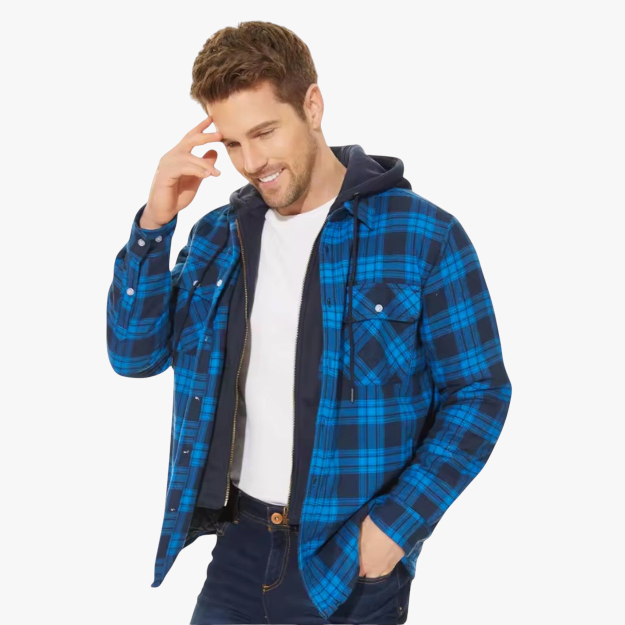 Man wearing a blue plaid shirt with a hood on a white background