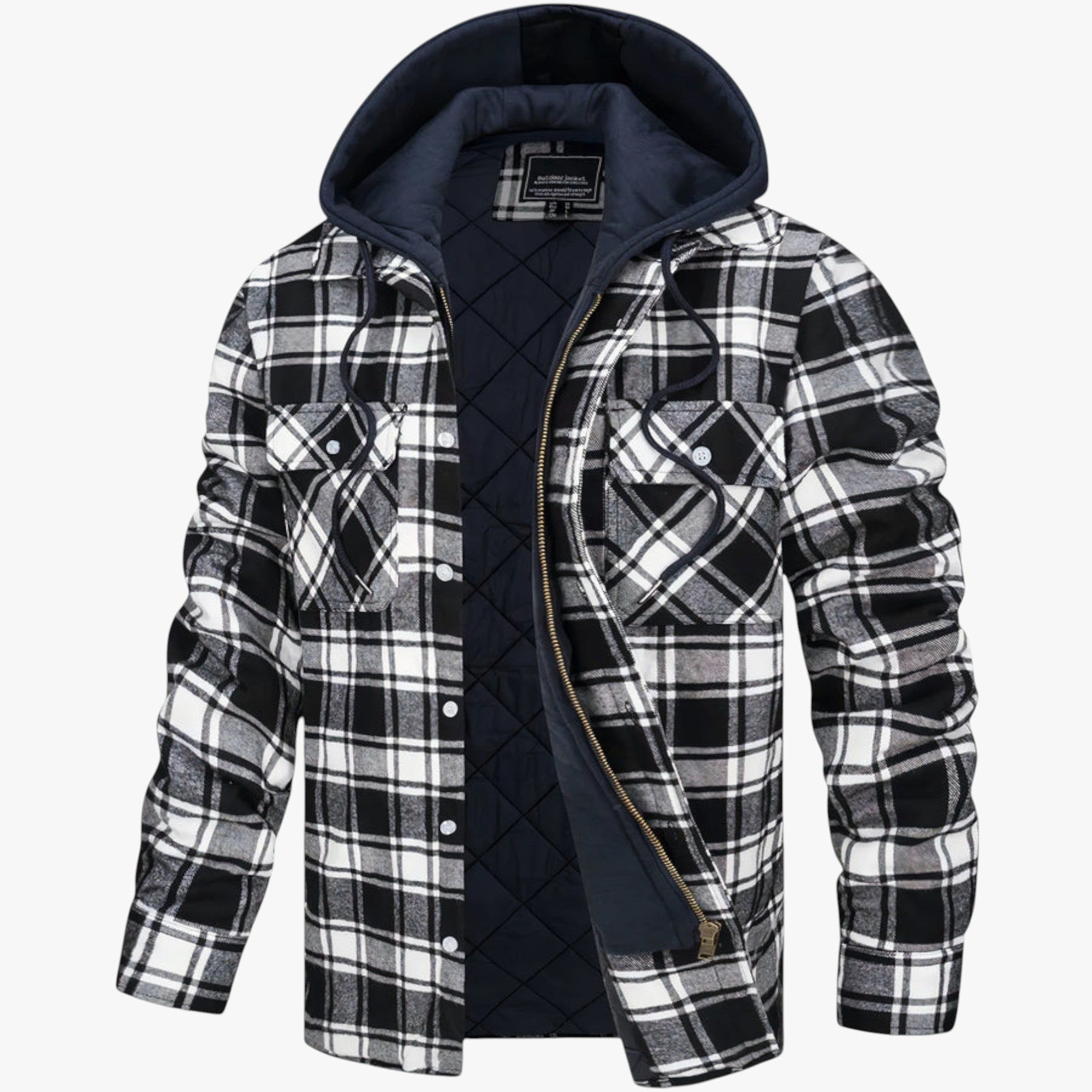 Plaid jacket with quilted navy blue inner lining on a white background