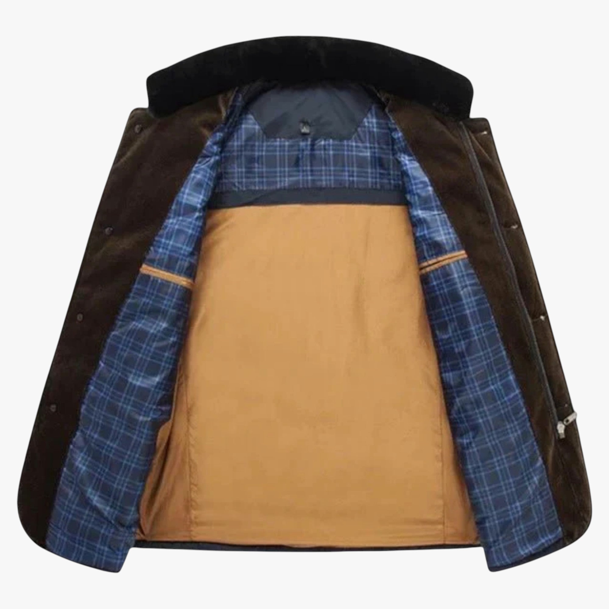 Close-up of a jacket with blue plaid lining and brown interior on a white background