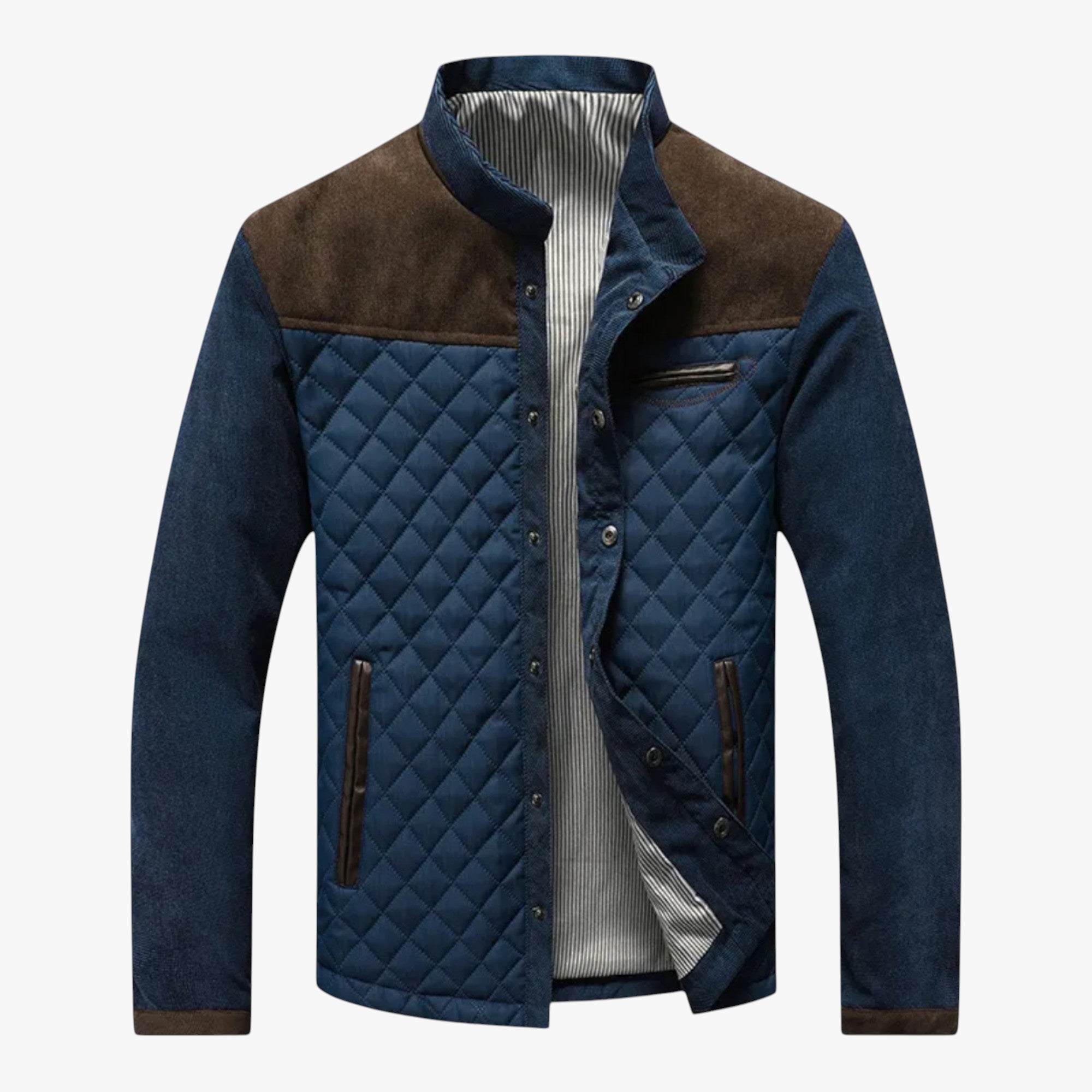 Blue quilted jacket with brown accents on a white background