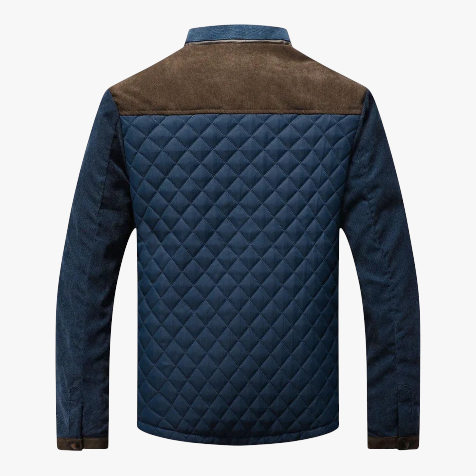 Quilted jacket with brown collar and blue diamond pattern on a white background