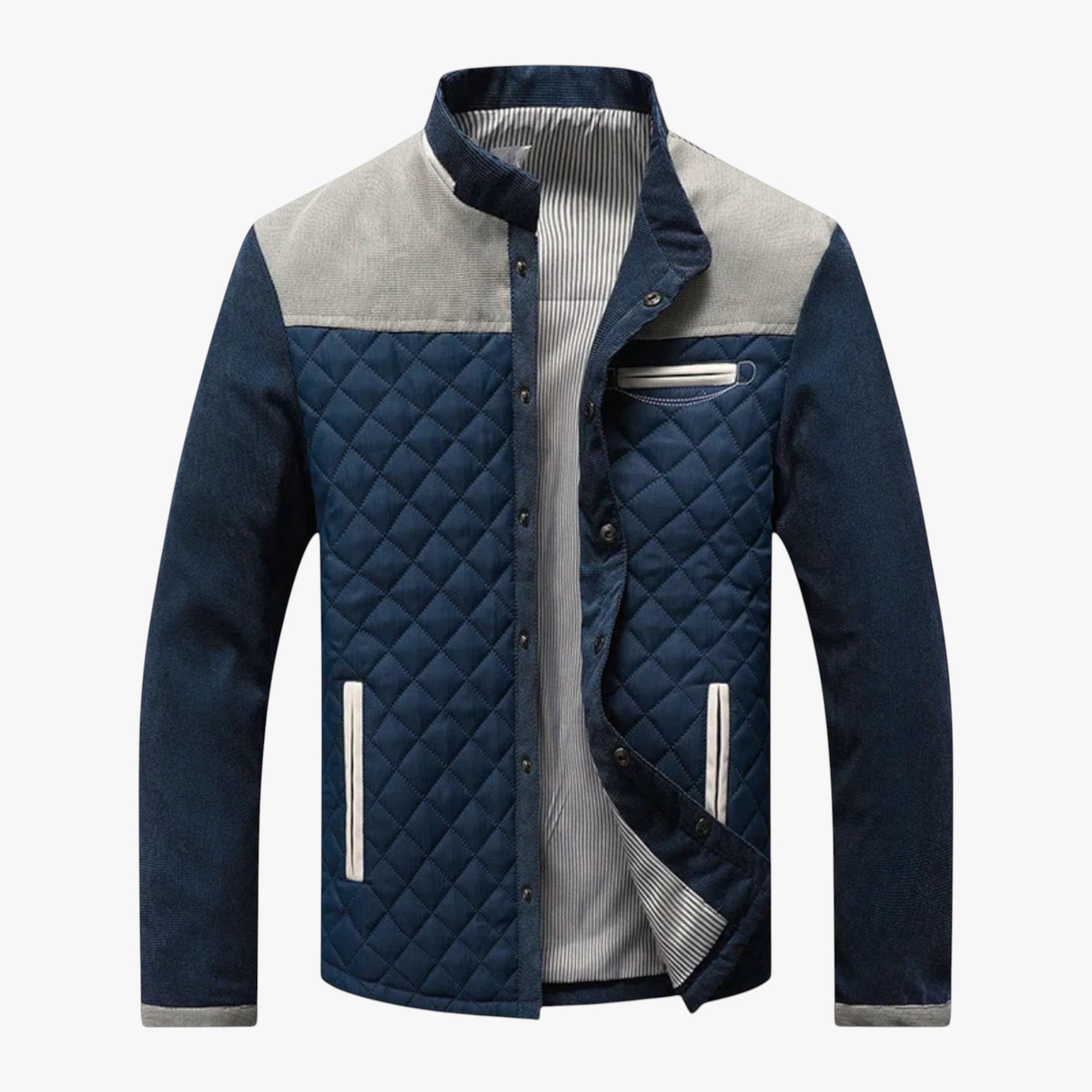 Quilted jacket with blue and gray design on a white background