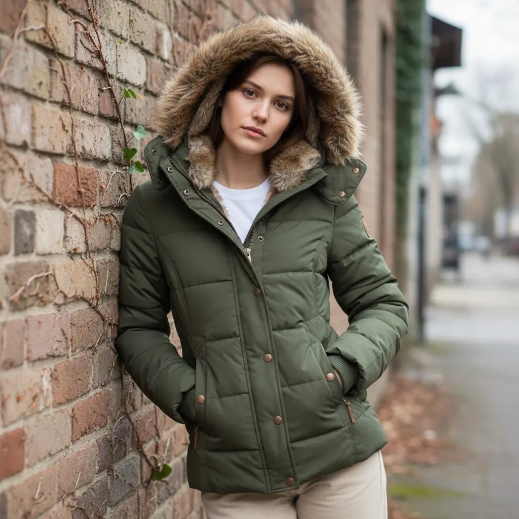 Woman wearing a green puffer jacket with a fur-lined hood against a brick wall.