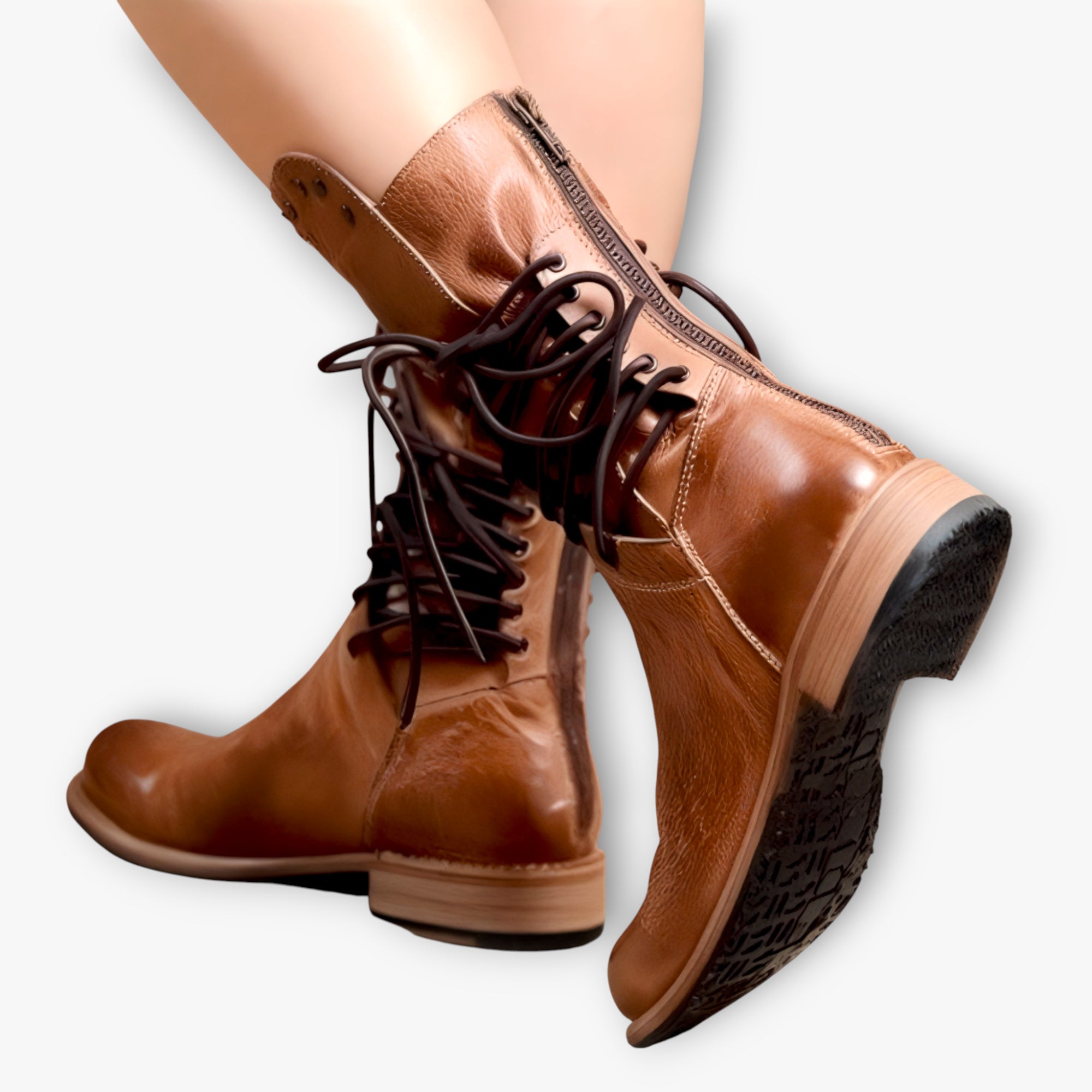 Brown leather boots with laces on a white background