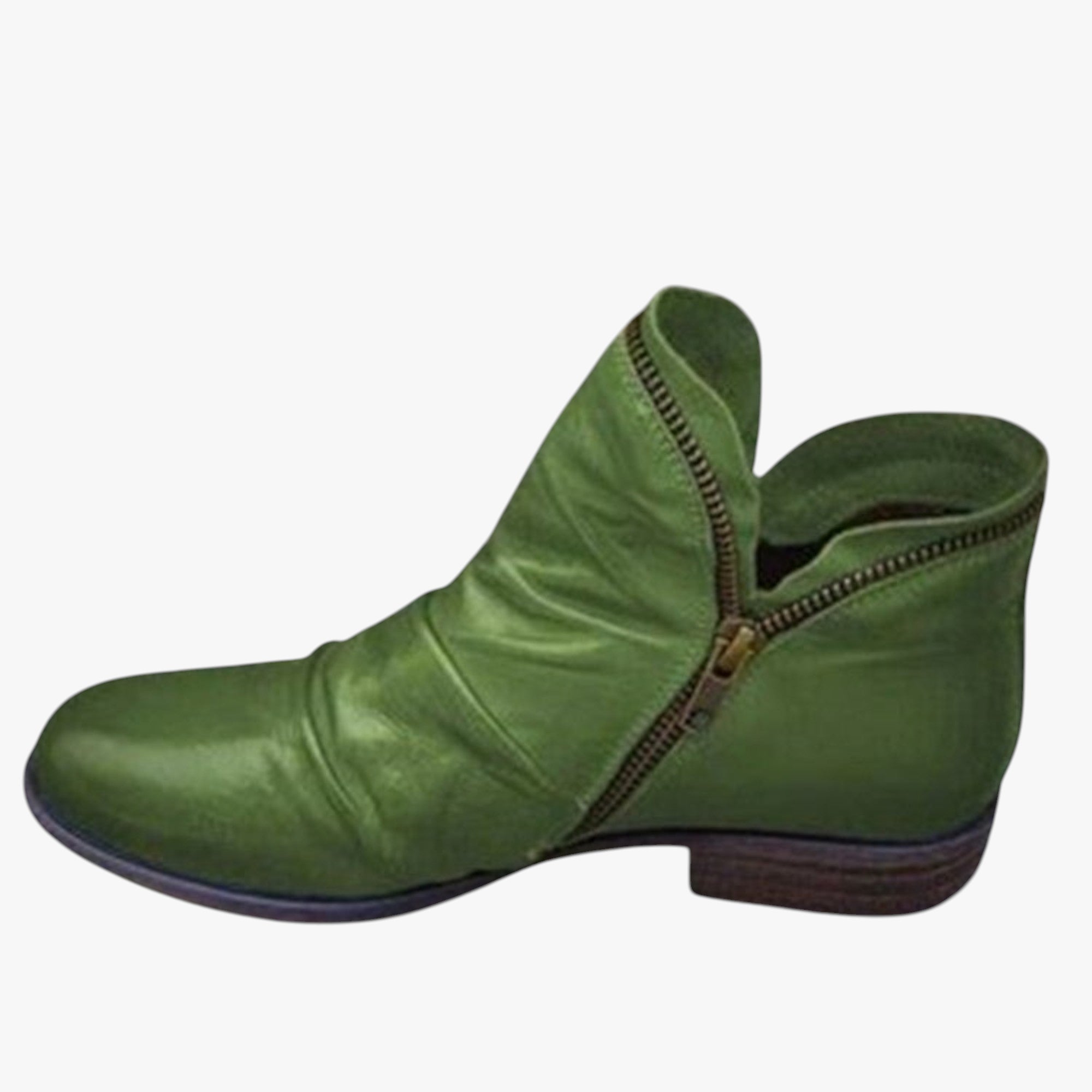 Green leather ankle boot with a zipper on a white background