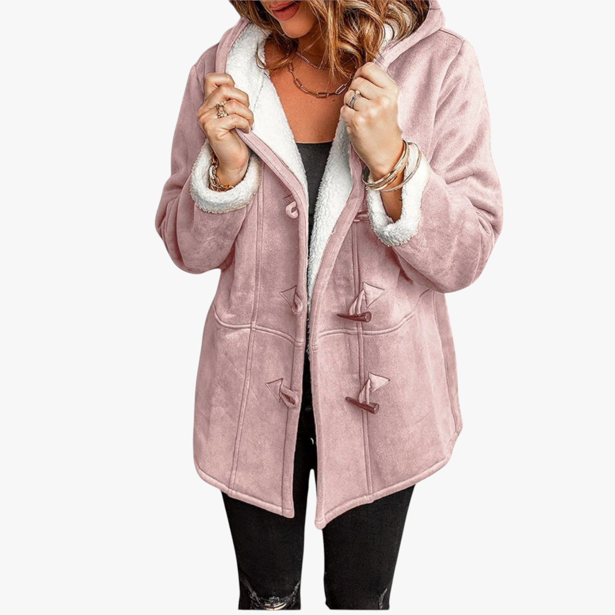 Pink coat with white fur lining worn by a person on a white background