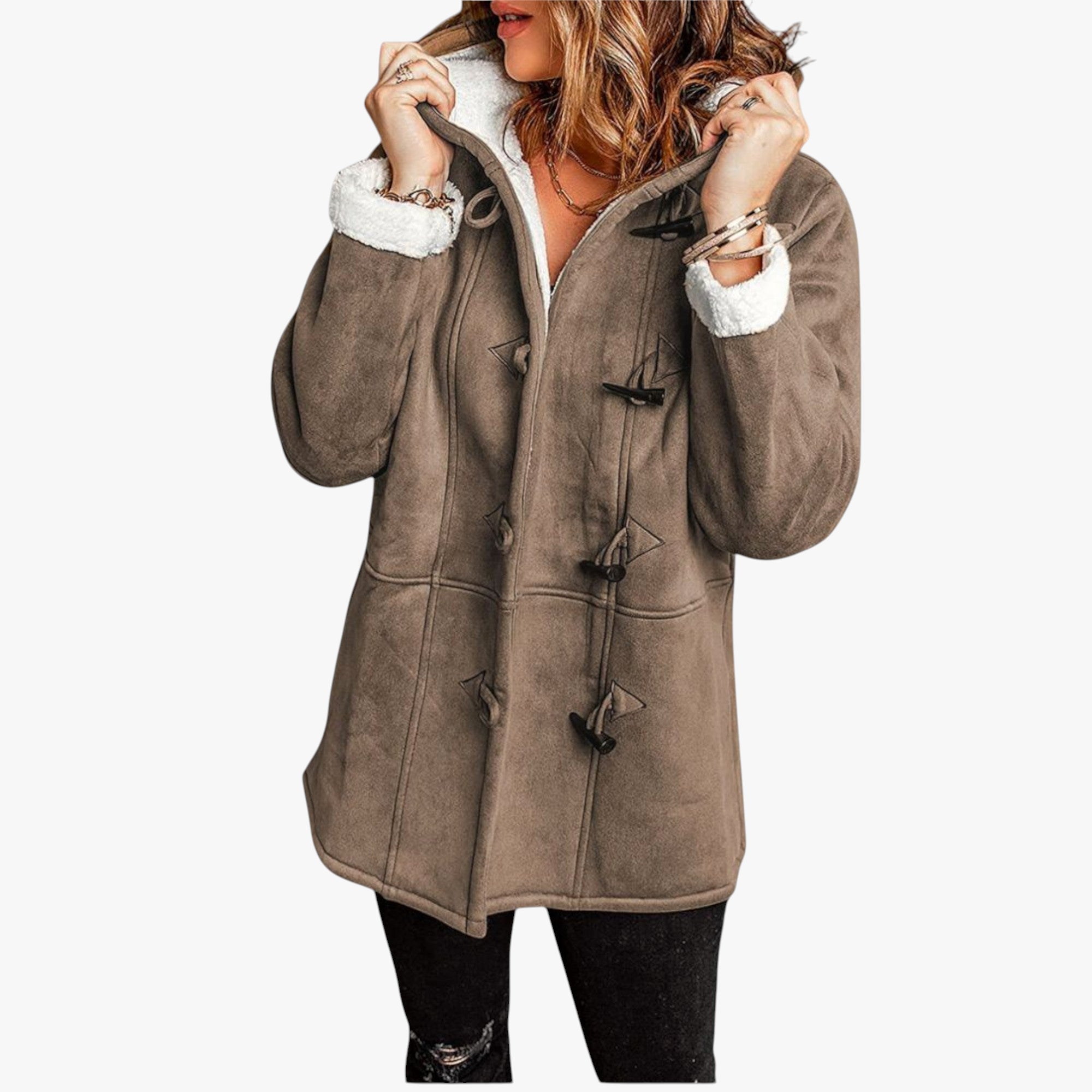 Brown coat with white trim worn by a person on a white background