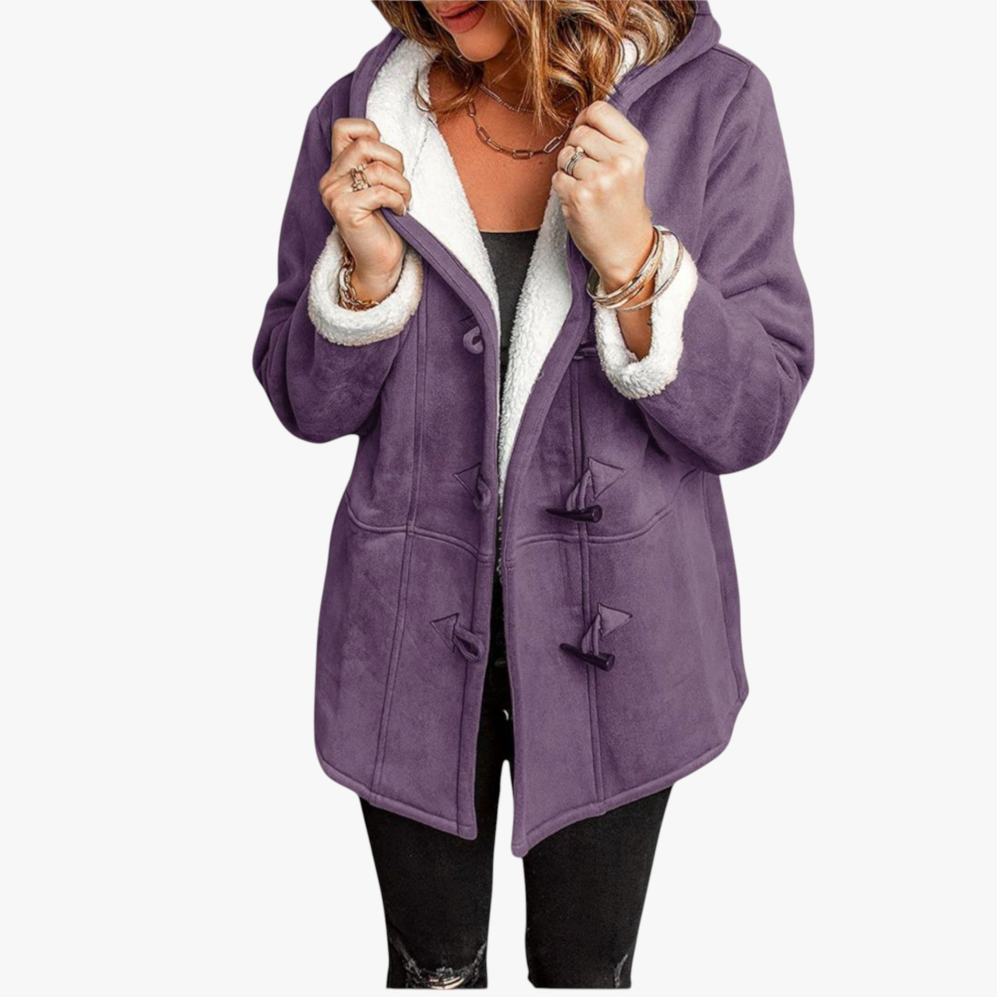 Purple coat with white fur lining worn by a person on a white background