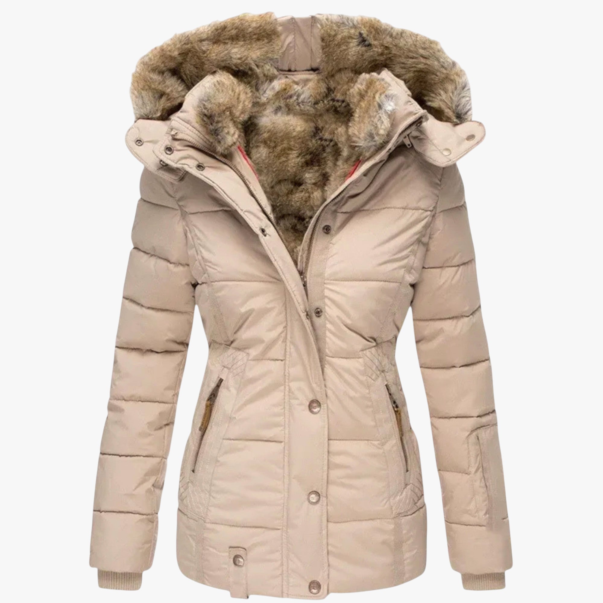 Beige winter jacket with fur-lined hood on a white background