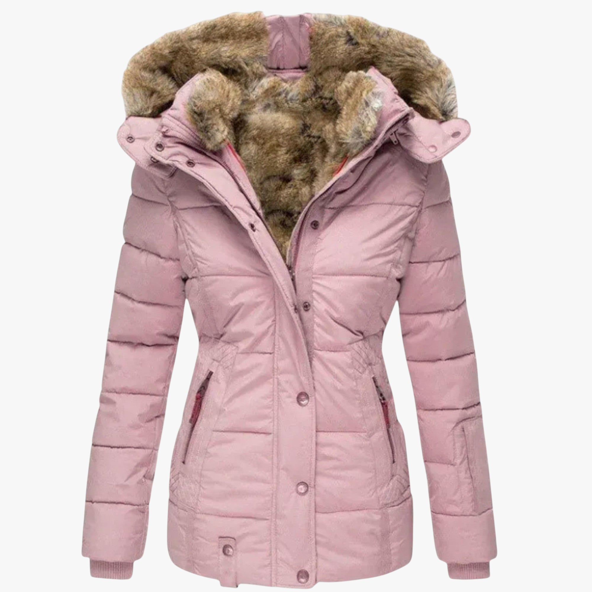 Pink winter jacket with fur-lined hood on a white background