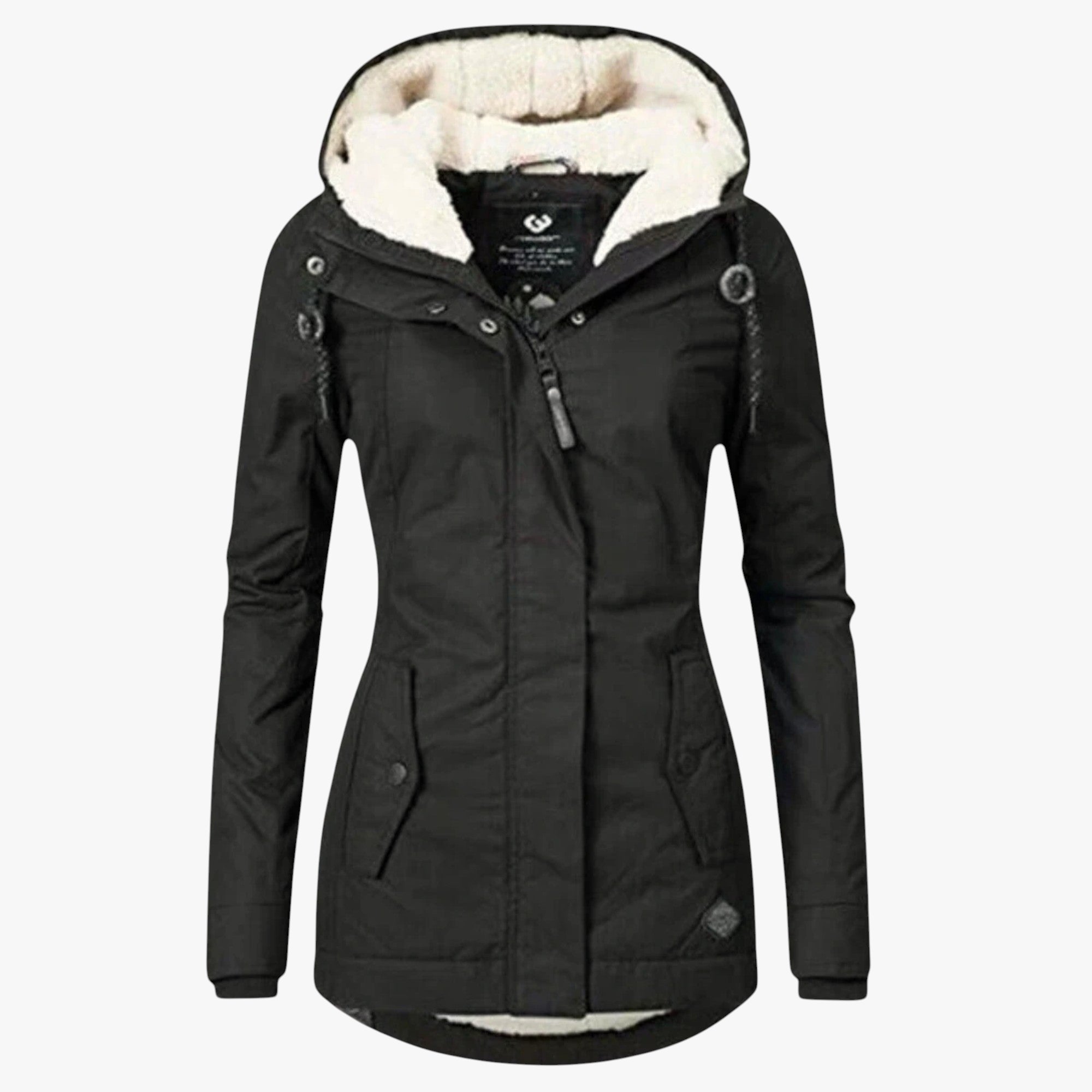 Black winter jacket with white fur lining on a white background