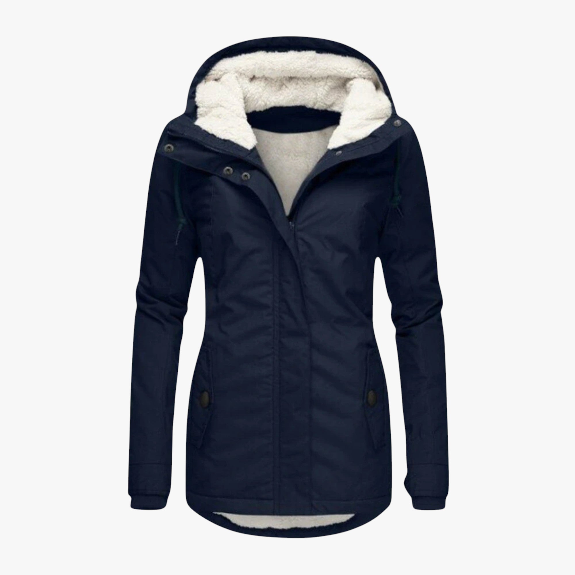 Navy blue jacket with white fur lining on a white background