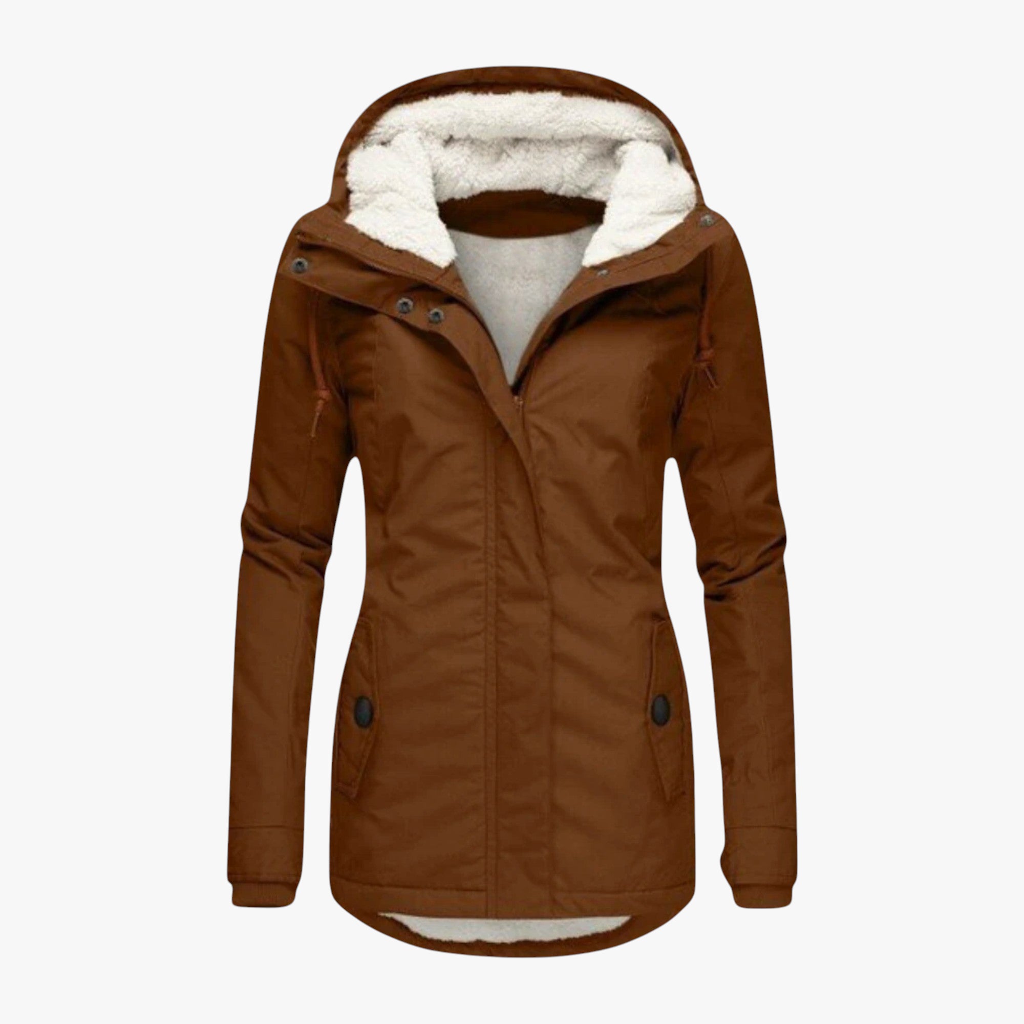 Brown winter jacket with white fur lining on a white background