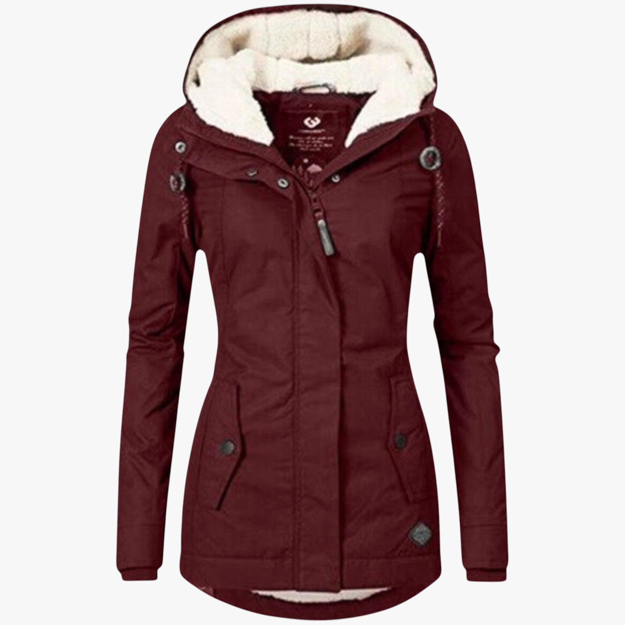Maroon winter jacket with white fur lining on a white background