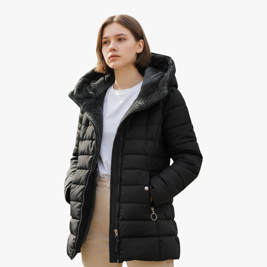 Women's Hooded Puffer Jacket with Zip Closure and Adjustable Waist